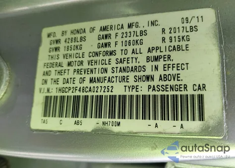 2012 Honda Accord 2.4 Lx-P from USA, damaged, VIN 1HGCP2F48CA027252